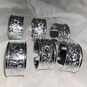 VTG Silver Plated Napkin Rings Floral Embossed Design Set of 6